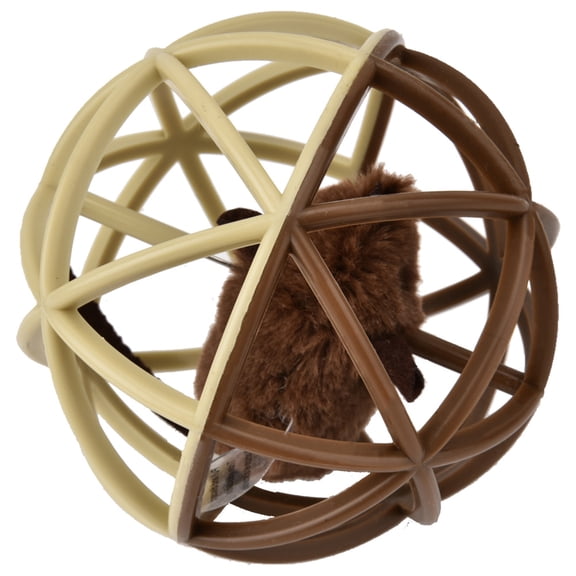 BIMZUC Interactive Cat Puzzle Toy Ball with Squeaky Plush Mouse Inside, Motion Activated Rat Sound, Durable Plastic Shell, Beige/Brown (4.33 inches / 11 cm)
