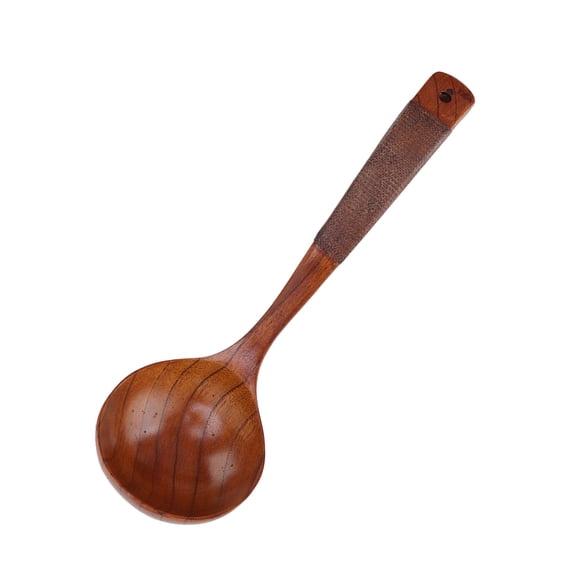 BIMZUC Japanese Long Curved Handle Spoon Large Round Wooden Cooking Soup Ladle Kitchen Cookware Type 1 Tied Style 11.4 inches / 29 cm
