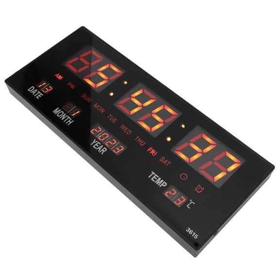 BIMZUC LED Digital Wall Clock, 14.2 in / 36 cm Red Large Electronic Calendar Clock with Built-In Memory Battery, Brightness Adjustable for Living Room