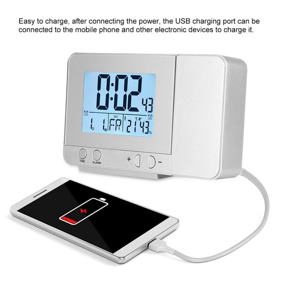 BIMZUC LED Multifunction Projection Digital Alarm Clock 180 Degree Swivel Time Temperature Display USB Charging Dual Alarms Snooze 5.5 inches / 14 cm Silver