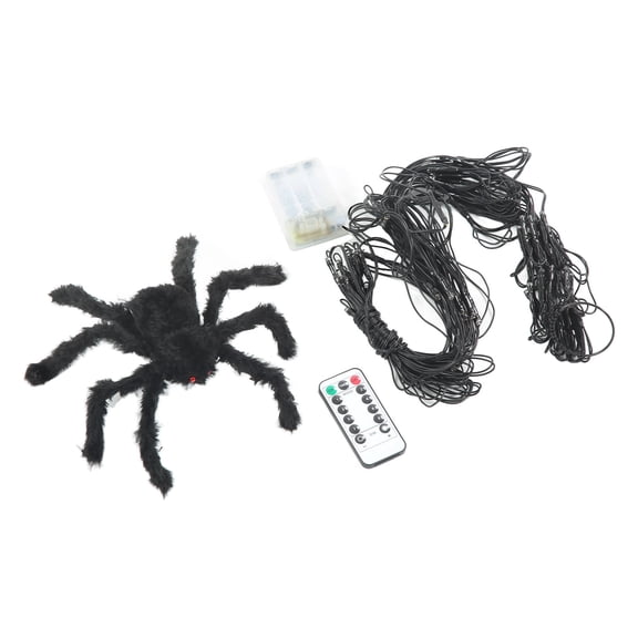 BIMZUC LED Spider Web Lights Waterproof Halloween Decorations with Black Plush Spider Warm White 8-Function Remote Control Battery Operated