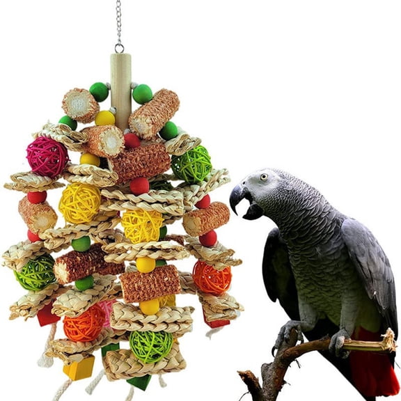 BIMZUC Large Parrot Chewing Toys, Natural Wood and Corn Husk Bird Cage Toy for African Grey, Macaws, Cockatoos (11.8 inches / 30 cm)