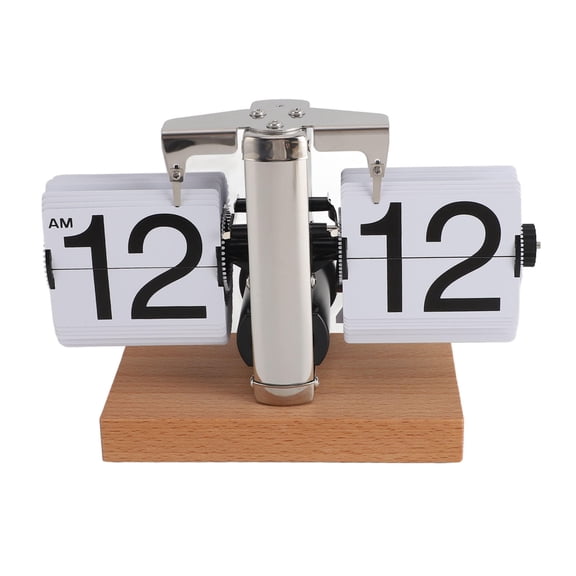 BIMZUC Large Retro Flip Desk Clock – 12‑Hour Stainless Steel & Beech Wood Table Clock with Easy‑Read Numbers, Anti‑Slip Base, Battery Powered