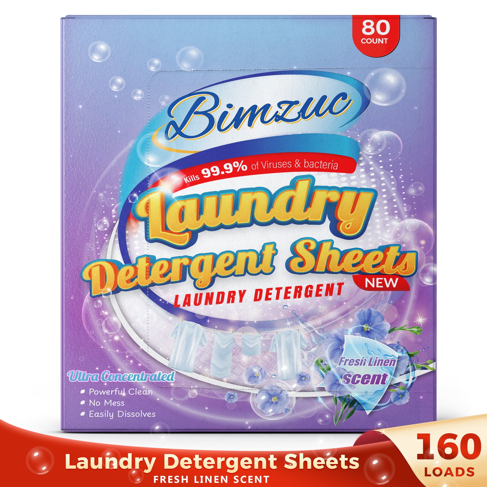 BIMZUC 80 Laundry Detergent Sheets up to 160 Loads, Travel Laundry Detergent- Fresh Linen Scent