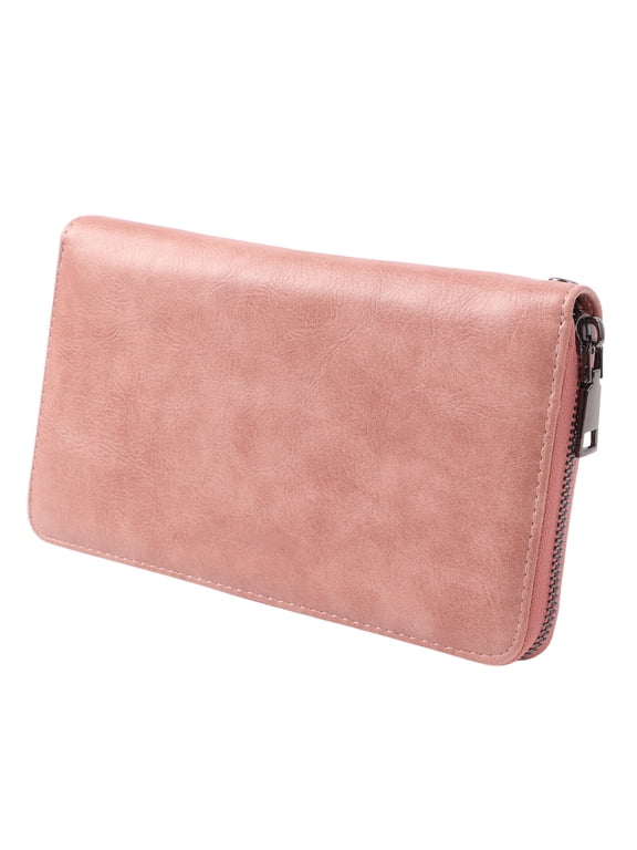 Long Women Wallet NFC RFID Blocking Purse PU Leather Credit Card Holder with Carrying Strap Pink 8.66 inches / 22 cm Large Capacity Multi-Compartment Clutch for Everyday Shopping