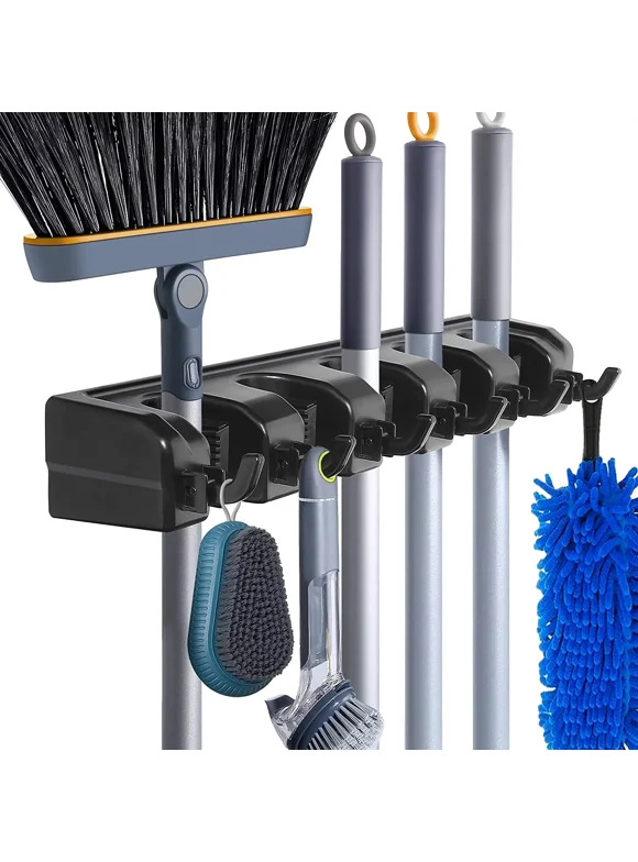 BIMZUC Mop Broom Holder Wall Mount, Plastic Broom Organizer Wall Mount, Organizations and Storage with Hooks Heavy Duty, Garden Kitchen Tool Organizer for Home Cleaning Supplies (5 Positions & Black)