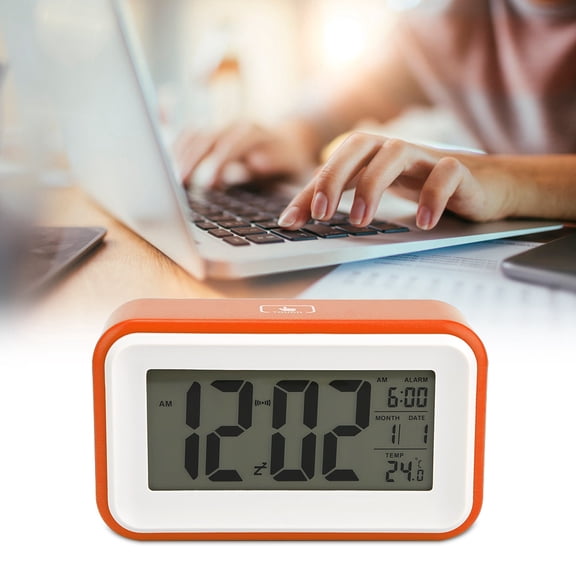BIMZUC Multifunctional Digital Electronic Alarm Clock with Temperature Display, Smart Backlight Night Light, Jumbo Numbers, Battery Operated Desktop Bedside Clock for Bedroom Home Decor (Orange)