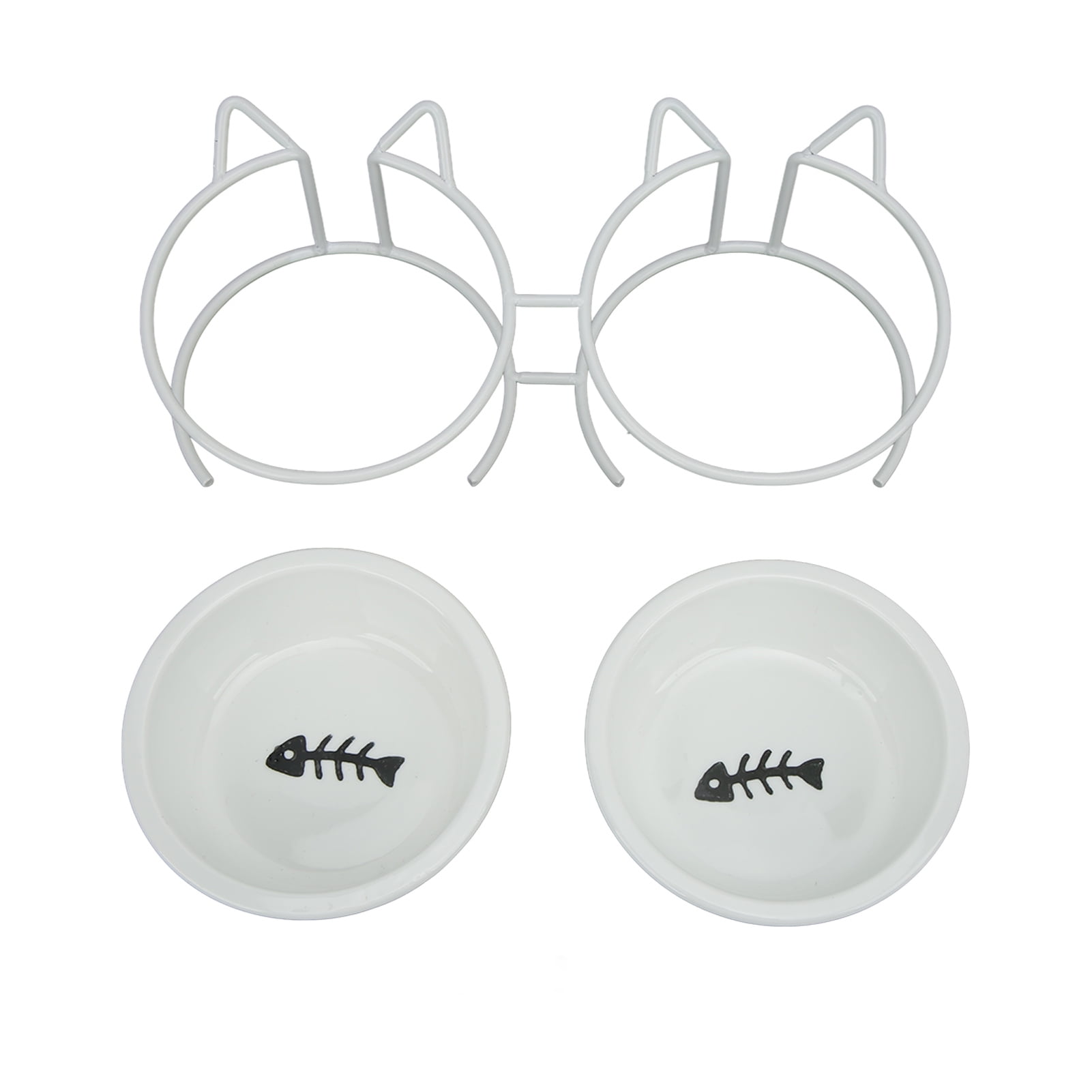 BIMZUC Pet Double Ceramic Bowl Set Raised Cat Bowls with Metal Stand Anti-Slip Cover for Food Water Dishwasher Safe Elevated Dog Feeder Neck Protection 10.2 inches / 26 cm Length
