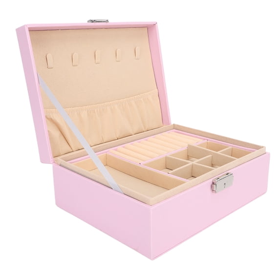 BIMZUC Pink Double Layer Jewelry Box Organizer for Women Soft PU Leather Storage Case with Lock and Key for Necklaces Bracelets Earrings Rings Premium Keepsake Display Gift 9.06 inches / 23 cm