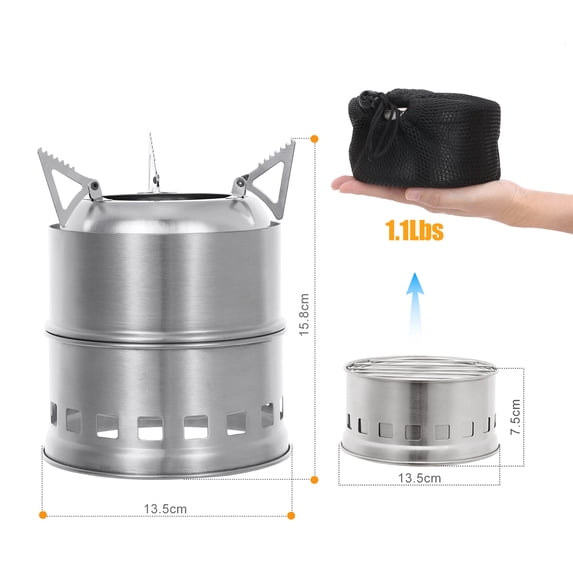 BIMZUC Portable Stainless Steel Lightweight Wood Stove Alcohol Burner for Outdoor Cooking Picnic BBQ Camping Backpacking Survival Gear (6.2 inches / 15.8 cm Height, 0.99 lbs / 450g Weight)