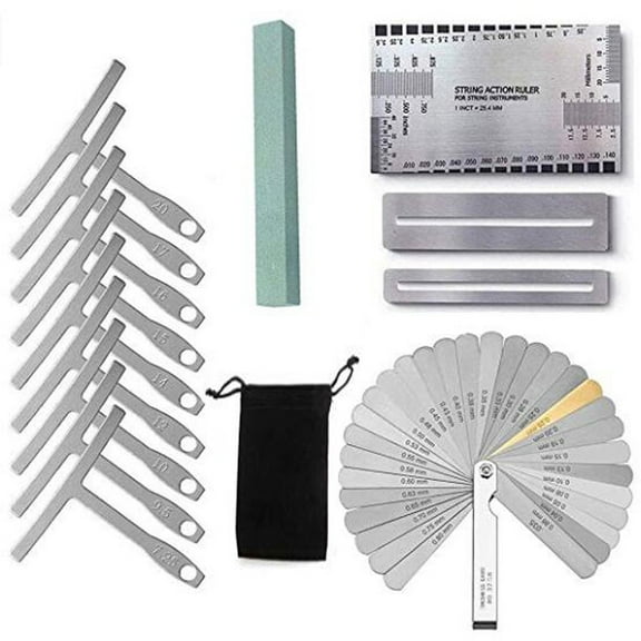 BIMZUC Premium Luthier Tools Professional Guitar Repairing Adjustment Making Tool Set with Radius Gauge String Ruler Grinding Stone Fret Protector Shims for Acoustic Electric Bass Guitar 7 Pieces