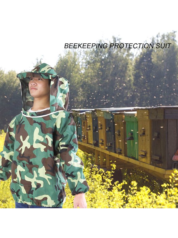 Professional Beekeeper Jacket Suit Protective Equipment with Hooded Veil, Camouflage