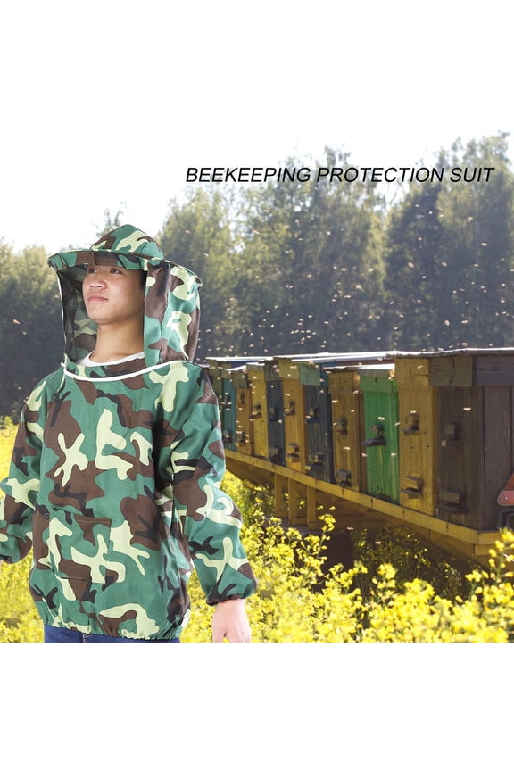 Professional Beekeeper Jacket Suit Protective Equipment with Hooded Veil, Camouflage