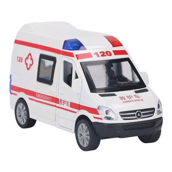 BIMZUC Pull Back Ambulance Toy Car with Lights and Sounds, 5 Doors Openable Alloy Emergency Transport Vehicle Model, Medium Size Rescue Mini Car for Kids, White/Red (5.5 inches / 14 cm)