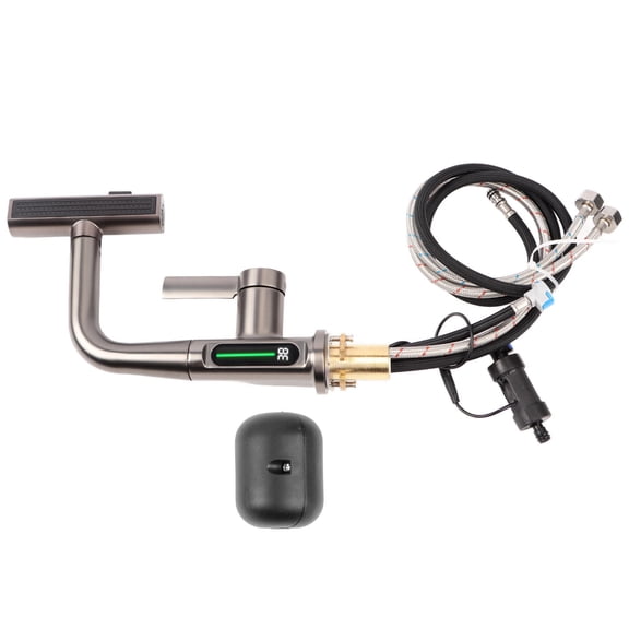 BIMZUC PullOut Digital Display Faucet 360 Rotation, 5 Water Flow Modes, Copper Finish, 60cm Extendable Sprayer, Temperature LED, G1/2 Gray