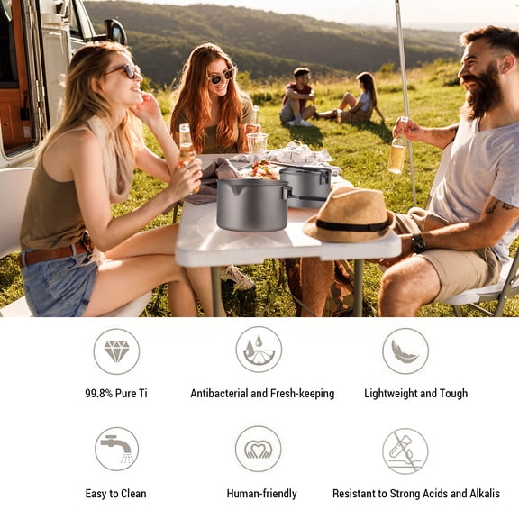 BIMZUC Pure Titanium Camping Pots and Pans Set Lightweight Cookware with Folding Handle for Open Fire Outdoor Cooking Camping Hiking Backpacking, 2.8L / 94.7 oz
