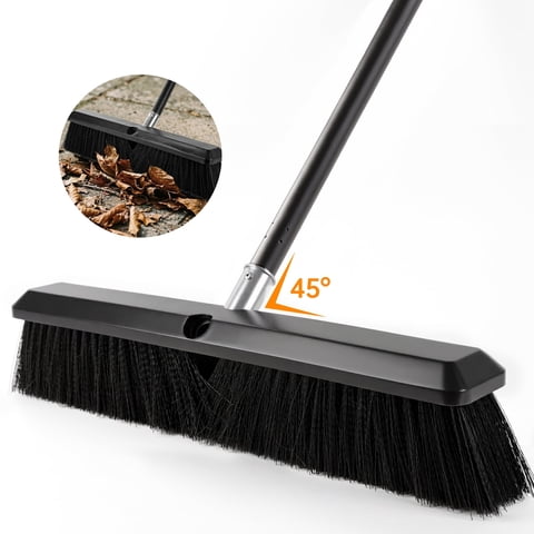 FVSA Push Broom 18" Heavy Duty with 60" Long Handle for Garage, Driveway, Deck, Concrete, Patio, Shop, Black