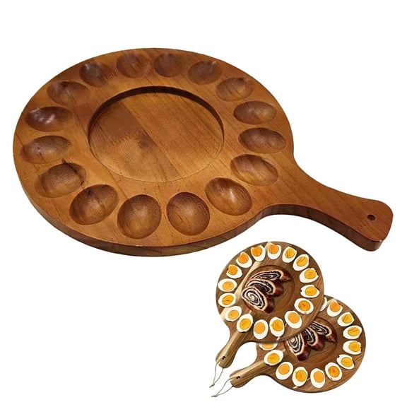 BIMZUC Reversible Wooden Egg Tray  MultiHole Round Deviled Egg Holder, Charcuterie & Cutting Board, Thickened Kitchen & Refrigerator Stand
