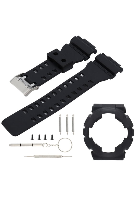 Silicone Watch Strap Replacement Wristband with Protective Watch Case, Compatible with Casio G-Shock GA110 and GA100 Series, Adjustable 5.2 inches / 13.3 cm to 3.7 inches / 9.5 cm, Black