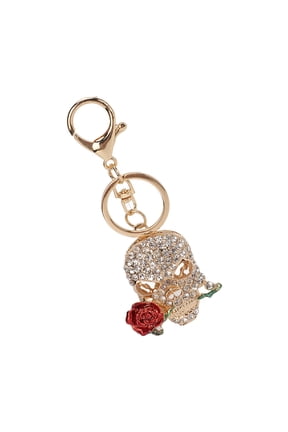 Skull Keychain Death Rose Flower Rhinestone Car Key Ring Handbag Pendant Decor (Deep Red) - 1.97 inches / 5 cm