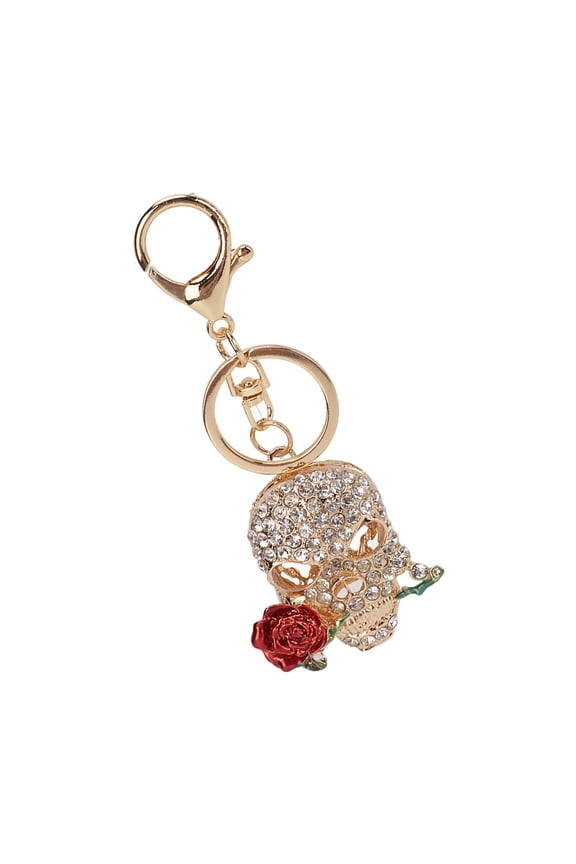 Skull Keychain Death Rose Flower Rhinestone Car Key Ring Handbag Pendant Decor (Deep Red) - 1.97 inches / 5 cm