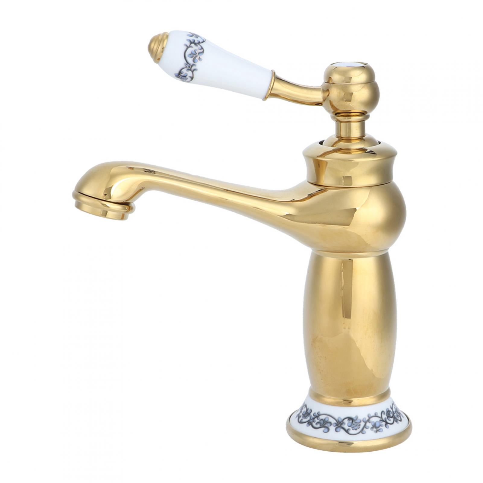 BIMZUC Stylish Antique Gold Brass Basin Faucet Hot and Cold Water Tap for Bathroom Vanity Sink with Double Hose Installation Kits, Premium Electroplating Surface, 7.3 inches / 18.5 cm Height