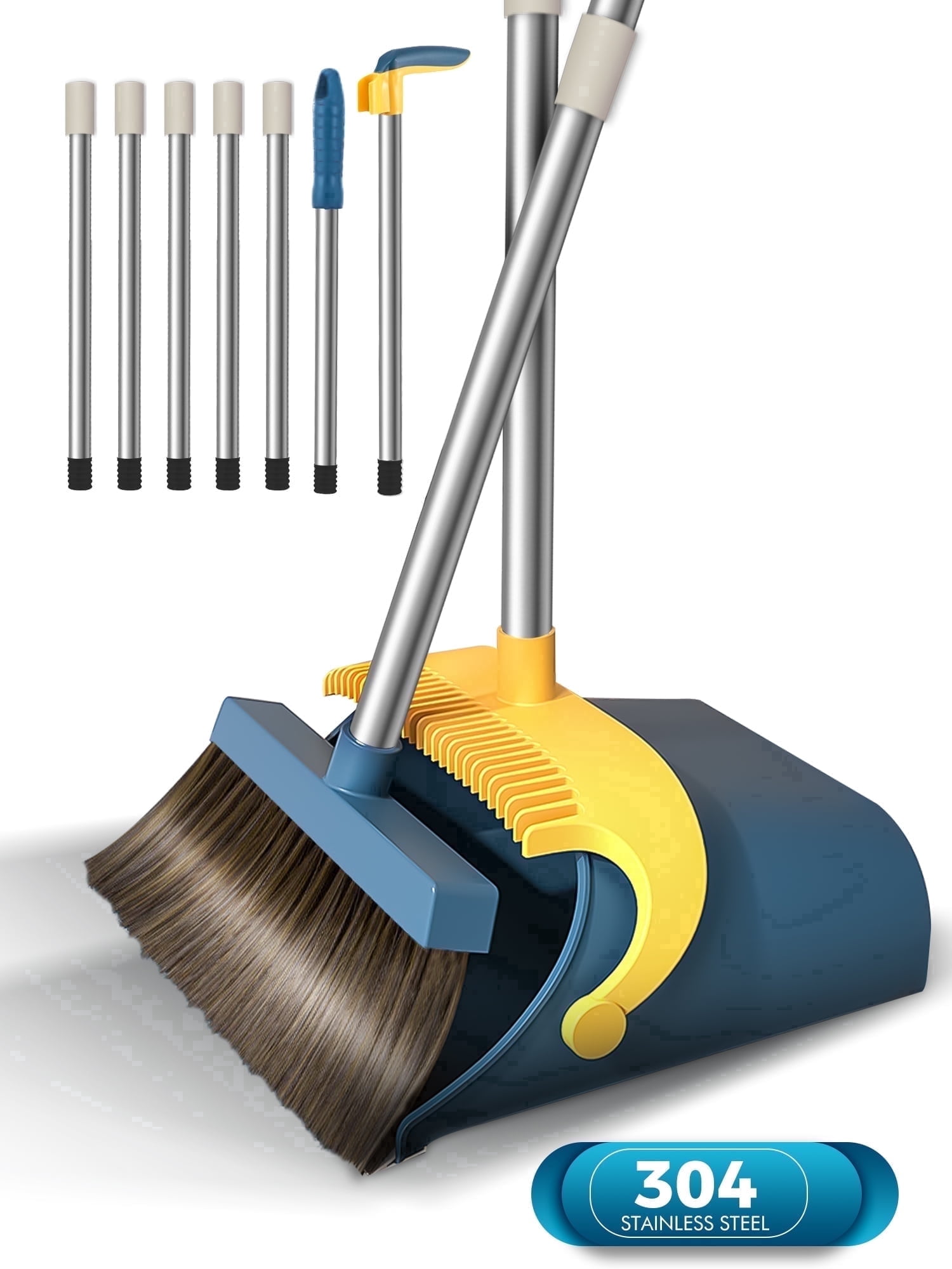 FVSA Upgrade Broom and Dustpan Set for Home,Self-Cleaning with Dustpan Teeth,51.2in,Stand up,Blue
