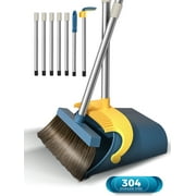 BIMZUC Upgrade Broom and Dustpan Set for Home,Self-Cleaning with Dustpan Teeth,51.2in,Stand up,Blue