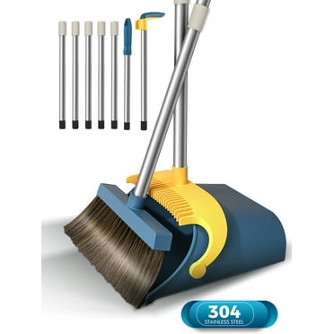 BIMZUC Upgrade Broom and Dustpan Set for Home,Self-Cleaning with Dustpan Teeth,51.2in,Stand up,Blue