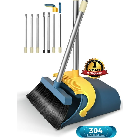 BIMZUC Upgrade Broom and Dustpan Set for Home,Self-Cleaning with Dustpan Teeth,51.2in,Stand up,Blue