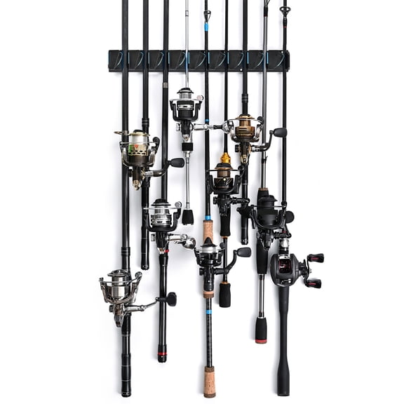 BIMZUC Vertical Horizontal Fishing Rod Holder Wall Mounted Fishing Rod Rack, Holds Up to 9 Fishing Poles / 9 Rods Storage Display Stand Bracket for Garage Home, Heavy Duty Space Saving Design, Blue