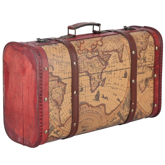 BIMZUC Vintage Suitcase Portable Composite Wood Map Pattern Design Storage Chest Decorative Treasure Box for Home Storage and Display (15.75 inches / 40.00 cm)