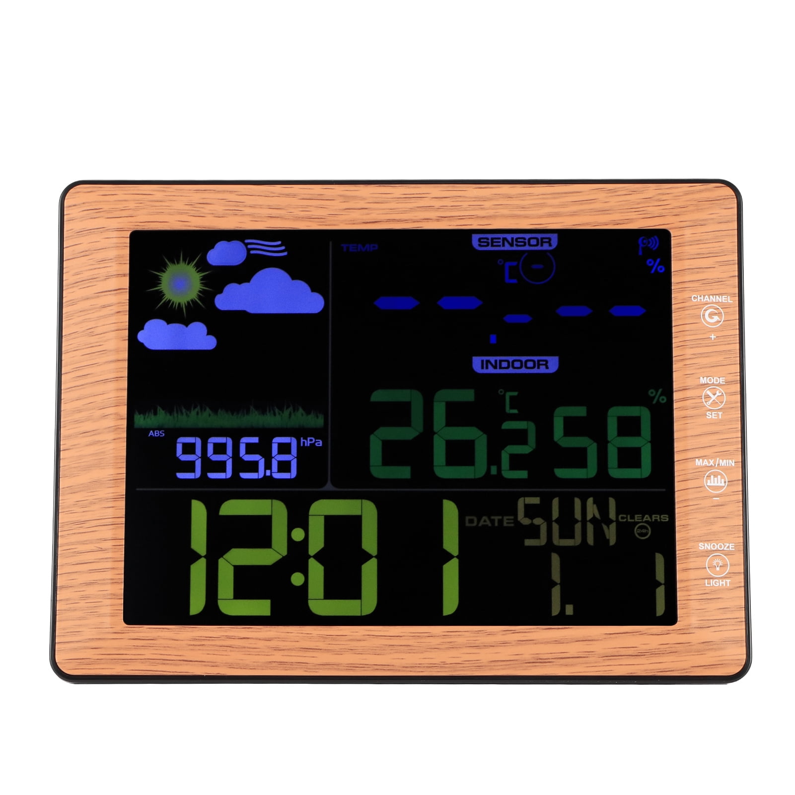 BIMZUC Wireless Weather Forecast Station Color Screen Alarm Clock Wood Color Digital Thermometer Hygrometer Indoor Outdoor Sensor, 8.5x6.3x0.8 inches / 21.5x16x2 cm