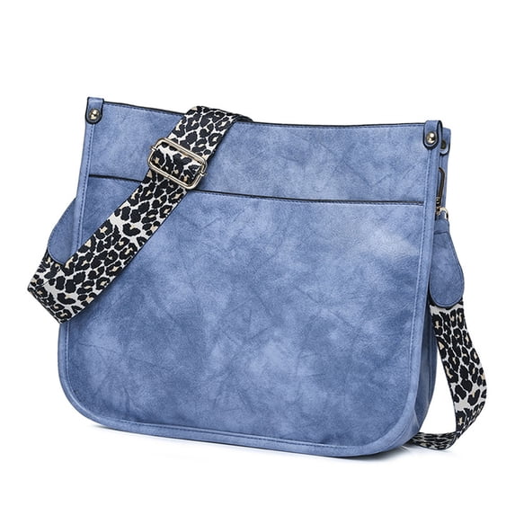 BIMZUC Women PU Leather Shoulder Bag Wide Strap Casual Crossbody Messenger Bag for Travel, Shopping, and Everyday Use, Blue Color, 11x10.6x3.9 Inches