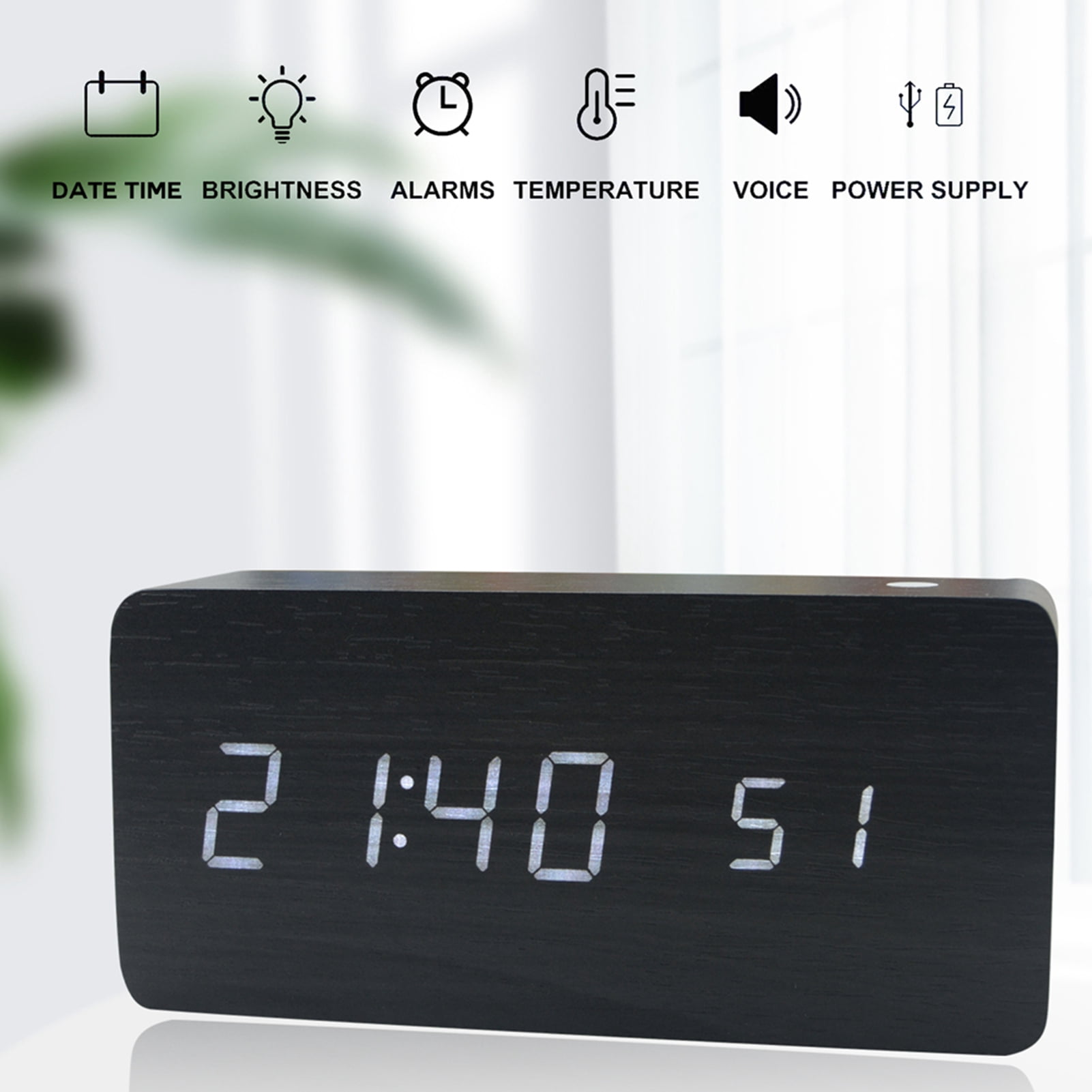 BIMZUC Wooden Digital Alarm Clock 8 Levels Adjustable Brightness LED Display Sound Control Date Temperature Display Minimalist Bamboo Design 5.9 inches