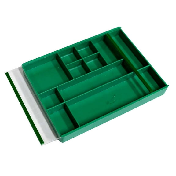 BIN BUDDY 11 Compartment Slide-Top Storage Box | 5.75" (14.6 cm) x 7.5" (19.1 cm) | 11 Variable Compartments | Clear Lid | Durable Green Plastic | Ideal for Beads, Pins & Gems