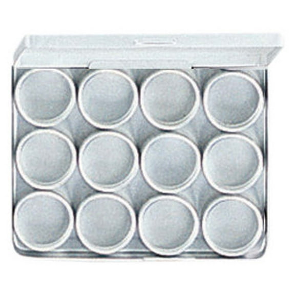 BIN BUDDY 12 Pc Aluminum Mini Jars | 1.25" (3.2 cm) Diameter x 0.6" (1.5 cm) Height | Matte Finish | Clear Lids | 5.5" (14 cm) x 4" (10.2 cm) Storage Case | Ideal for Gems, Beads & Jewelry