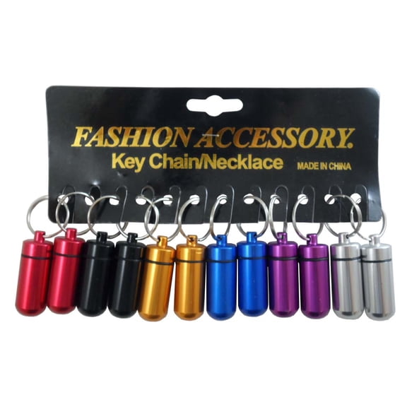 BIN BUDDY 12 Piece Aluminum Containers | 1.5" Length (3.8 cm) x 5/8" (1.6 cm) Diameter | Moisture-Resistant Seal | Vibrant 6-Color Set | With Key Rings | Display Card Included
