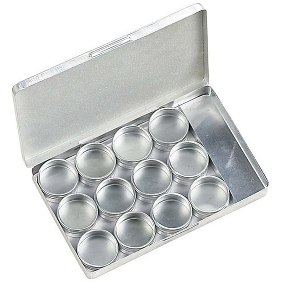 BIN BUDDY 12 Piece Gem Jars Set | Aluminum Storage Box w/ Hinged Lid | 2" (5.1 cm) Diameter Jars | Clear Lids for Easy Viewing | Includes Spacer for Tools