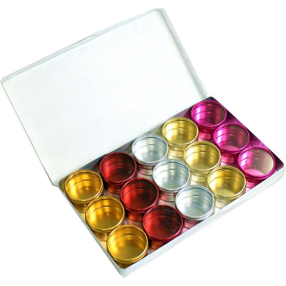 BIN BUDDY 15 Piece Vibrant Aluminum Containers Set | Each 1 3/8" (3.5 cm) Diameter & 3/4" (1.9 cm) Height | Clear Lids | Colors: Red, Silver, Gold, Brass, Fuchsia | Storage Box Included