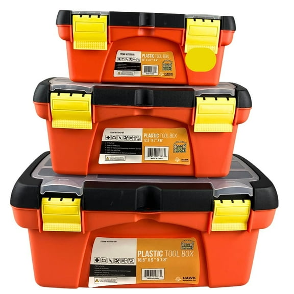 BIN BUDDY 3-Piece Plastic Tool Box Set with Tray  Durable Orange Storage Organizer with Secure Latches & Top Compartments  Stackable, Heavy-Duty, Multi-Size Toolboxes for DIY, Craft, Home, Garage