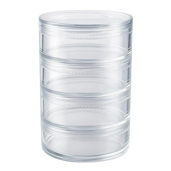 BIN BUDDY 4 Pc Stackable Plastic Boxes  2.75" 70mm Diameter x 1" 25.4mm Height  Clear with Secure Screw Lids  Ideal for Crafts, Beading, Fishing  Space-Saving Design
