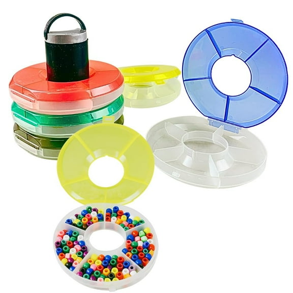 BIN BUDDY 5 Stackable Bead Storage Boxes Donut Compartments 6" 15.2 cm Diameter, 1" 2.5 cm Tall Each 25 Total Sections Clear Bottoms & Transparent Tops