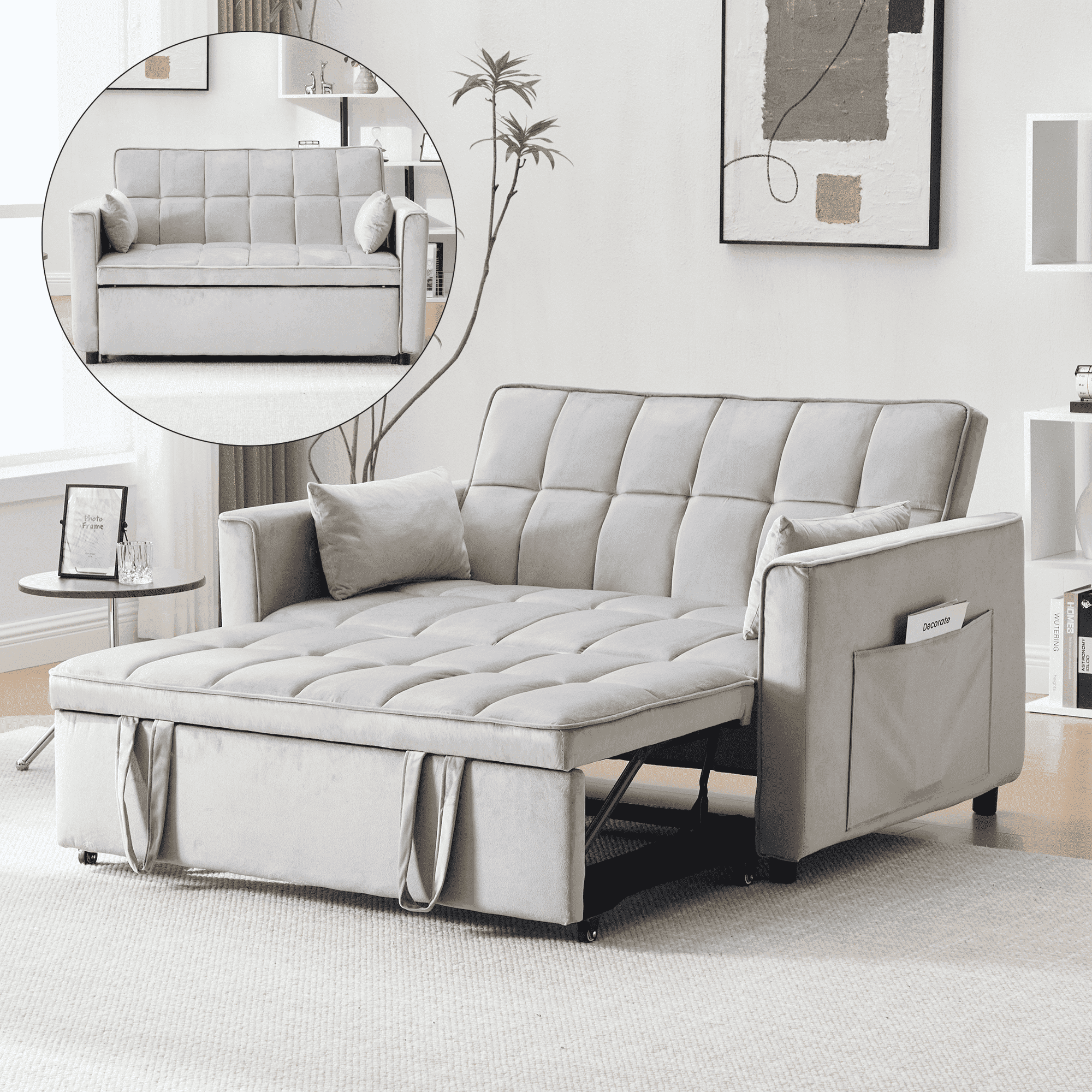 BINBANK Velvet 3-in-1 Convertible Sleeper Sofa – USB Charging, Adjustable Backrest Pull-Out Loveseat Couch for Living Room, Apartment & Small Space,Gray