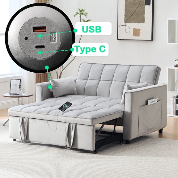 BINBANK 3-in-1 Pull Out Couch with USB Charging Port, Adjustable Velvet Sleeper Sofa Bed