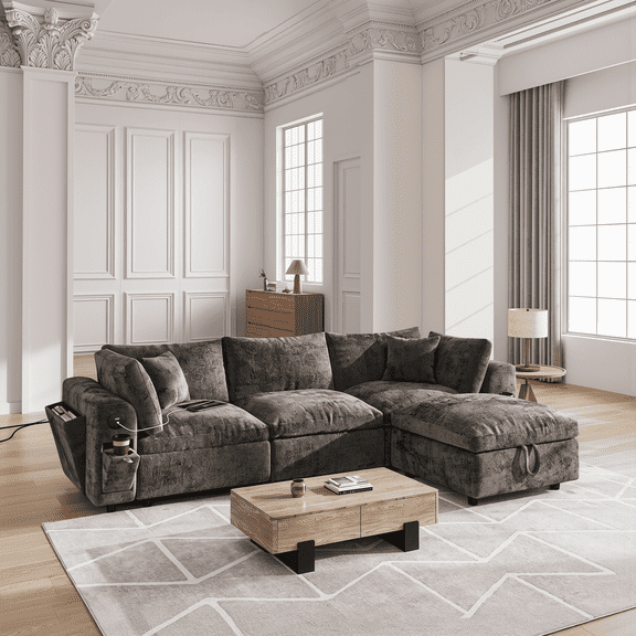 BINBANK Cloud Modular Sectional Sofa, Chenille Material, Gray, L-Shaped Modern Couch with Storage Ottoman, USB Type-C Ports & Cup Holders for Living Room