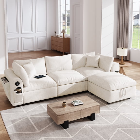 BINBANK Cloud Modular Sectional Sofa, Modern Chenille Couch L-Shaped with Storage Ottoman, USB Type-C Ports & Cup Holders for Living Room
