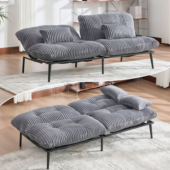 BINBANK Convertible Memory Foam Futon Sofa Bed, Adjustable Corduroy Sleeper Couch with Folding Iron Frame for Small Spaces, Grey
