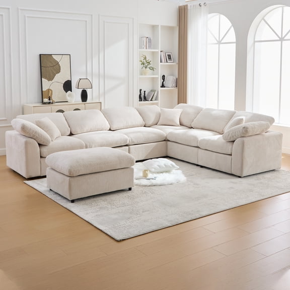 BINBANK Oversized 7-Seater Modular Sectional Sofa with Movable Ottoman, Corduroy L-Shaped Couch for Living Rooms/Apartments/Offices,Beige
