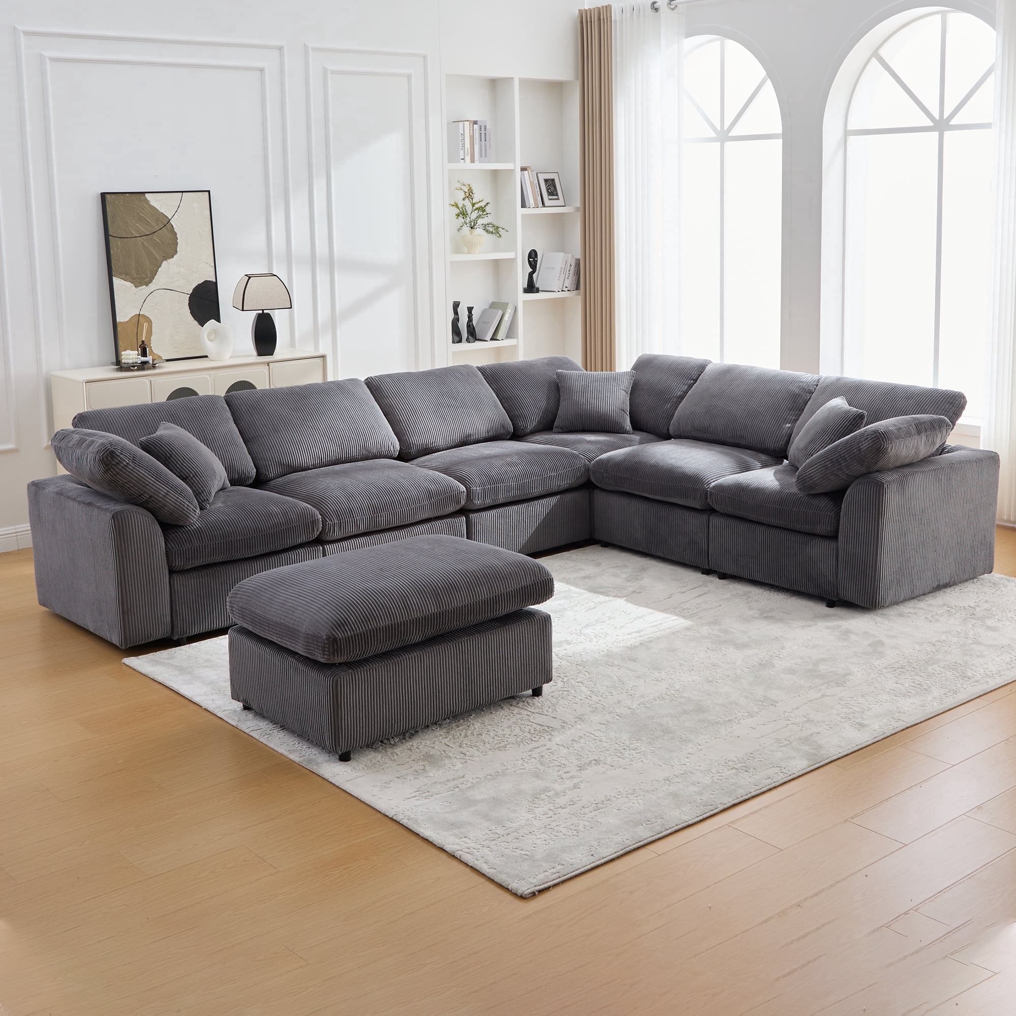 BINBANK Oversized 7-Seater Modular Sectional Sofa with Solid Wood Frame, Corduroy L-Shaped Sectional Couch with Movable Ottoman  Gray